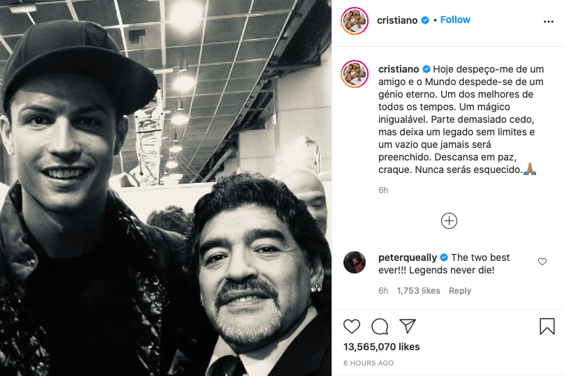 Cristiano Ronaldo pays tribute to Diego Maradona - Bóng Đá